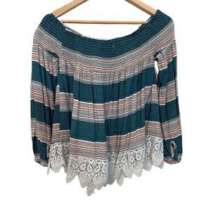 Listicle Shirt Womens Large Boho Smocked Off Shoulders Top Stripe Blouse Peasant